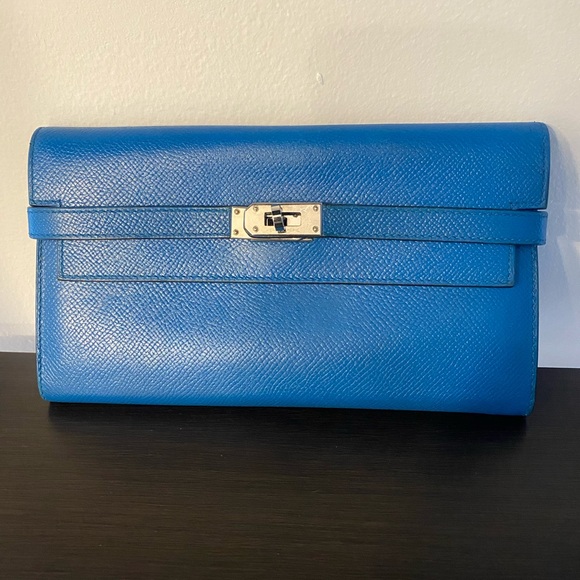 Authentic Blue Hermes Kelly wallet with Silver Hardware - Picture 1 of 7